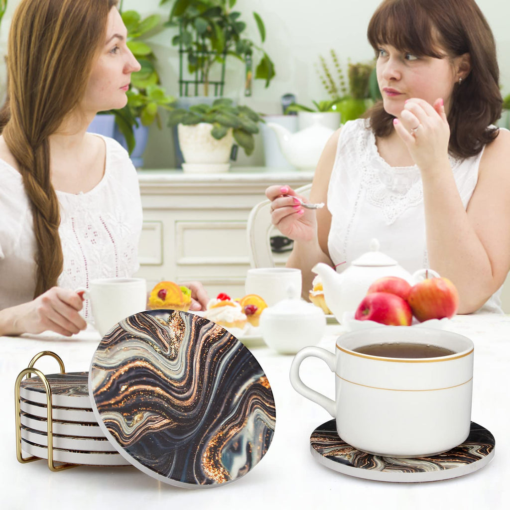 Black and Gold Marble Coasters with Holder A460