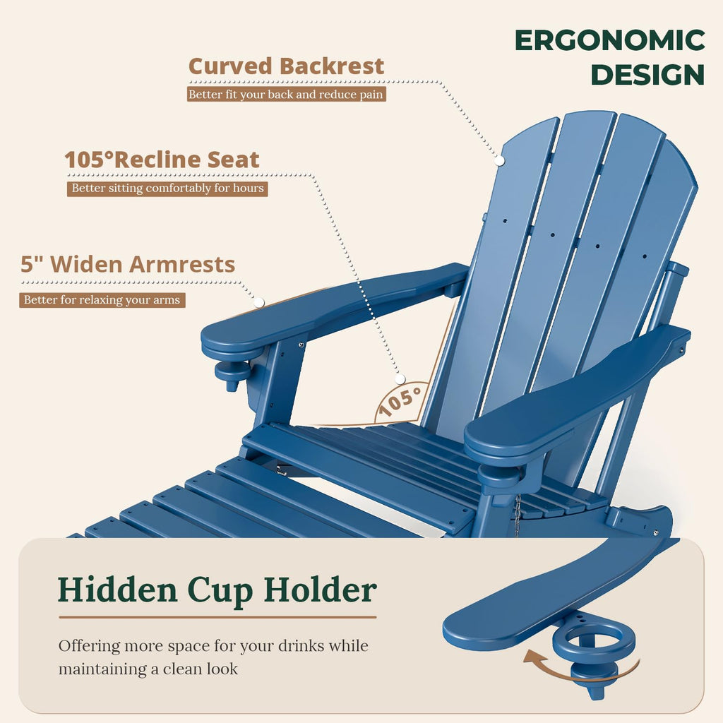 Set of 2 Blue Folding HDPE Plastic Adirondack Chairs with Pull-Out Footrest K8066