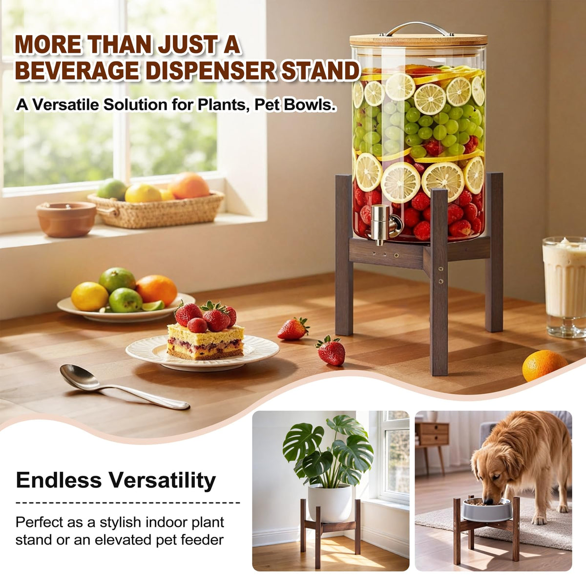 Adjustable Bamboo Drink Dispenser Stand for 2-5 Gallon S2807