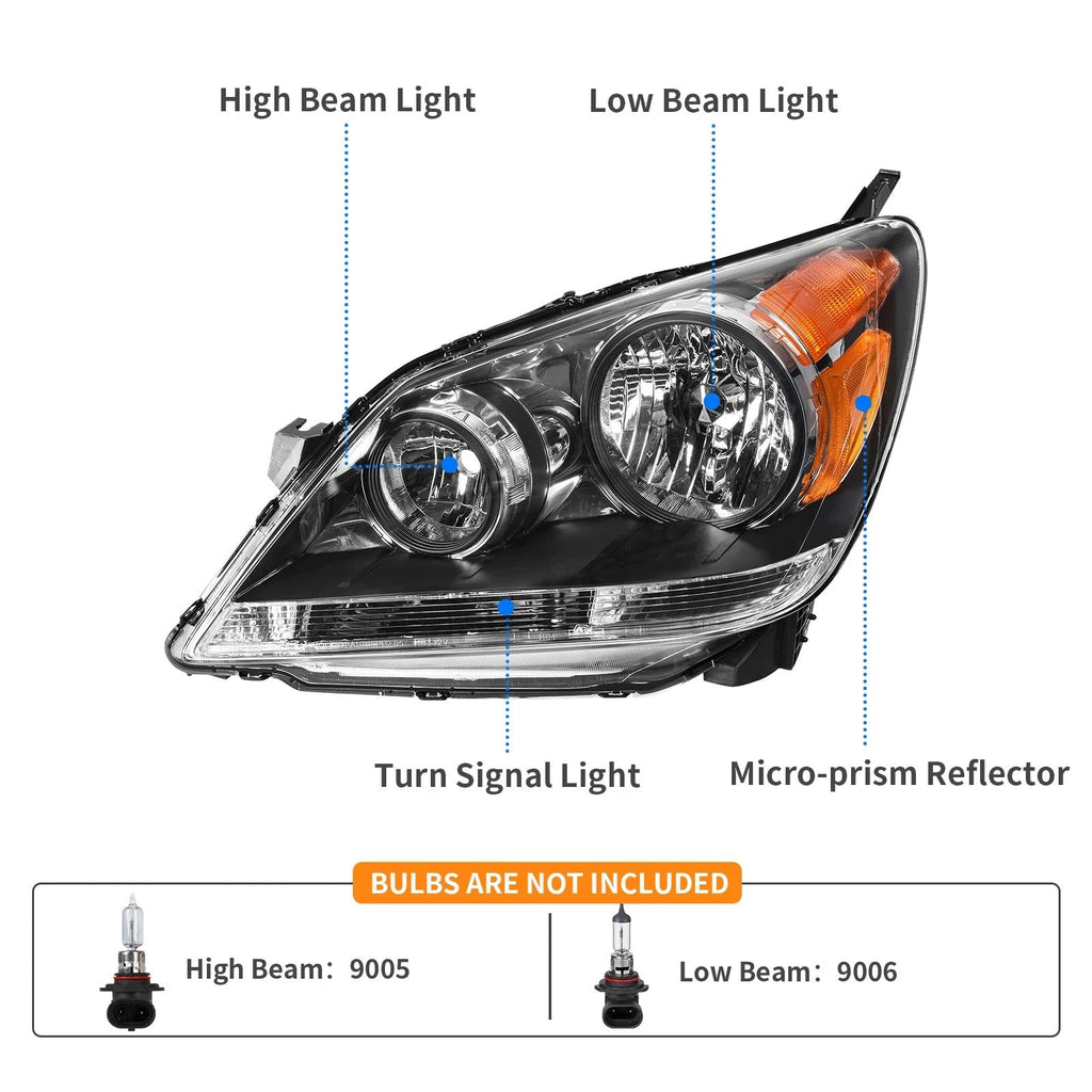 2008-2010 Honda Odyssey Headlights Assembly Black Housing Amber Reflector Driver Passenger Side V21356
