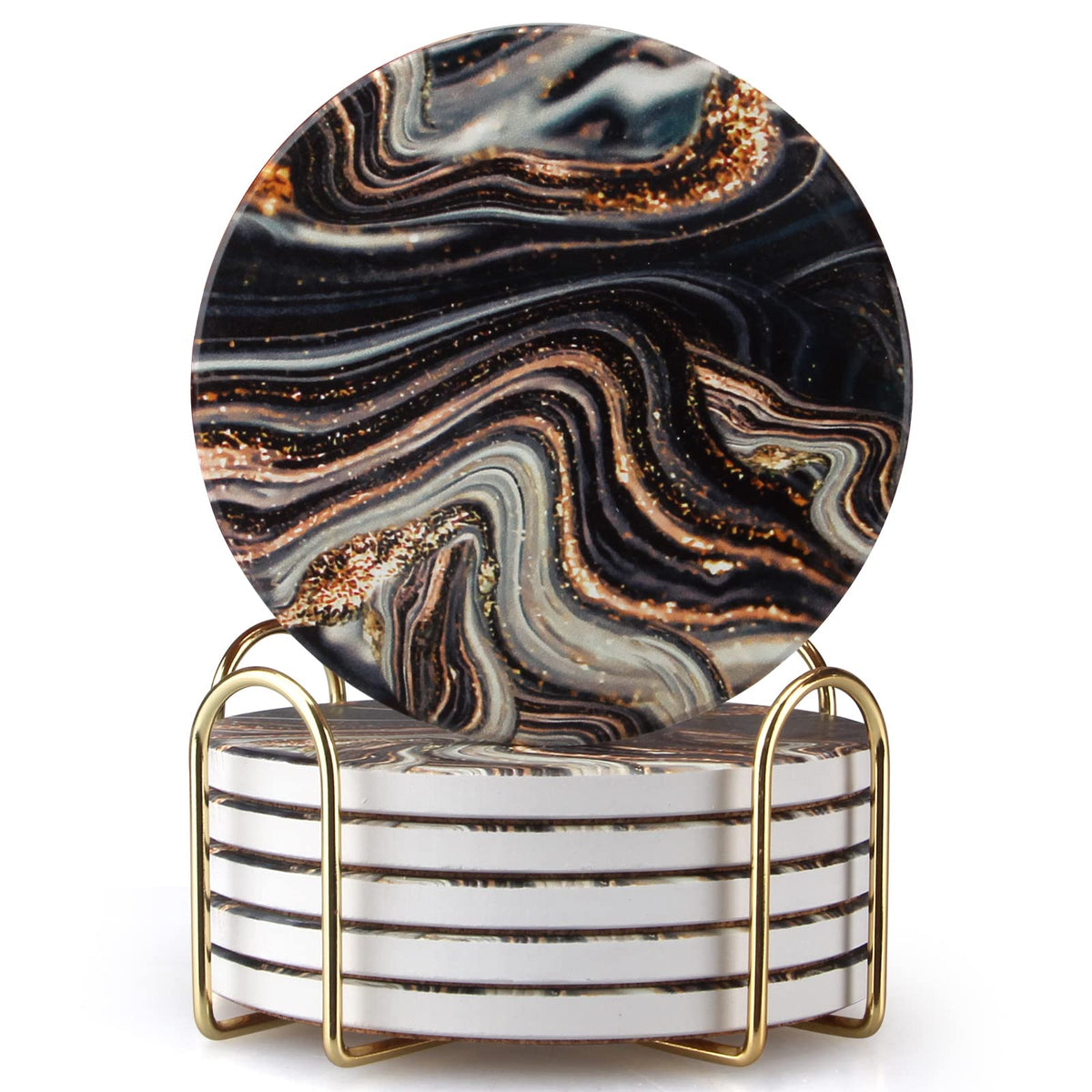 Black and Gold Marble Coasters with Holder A460