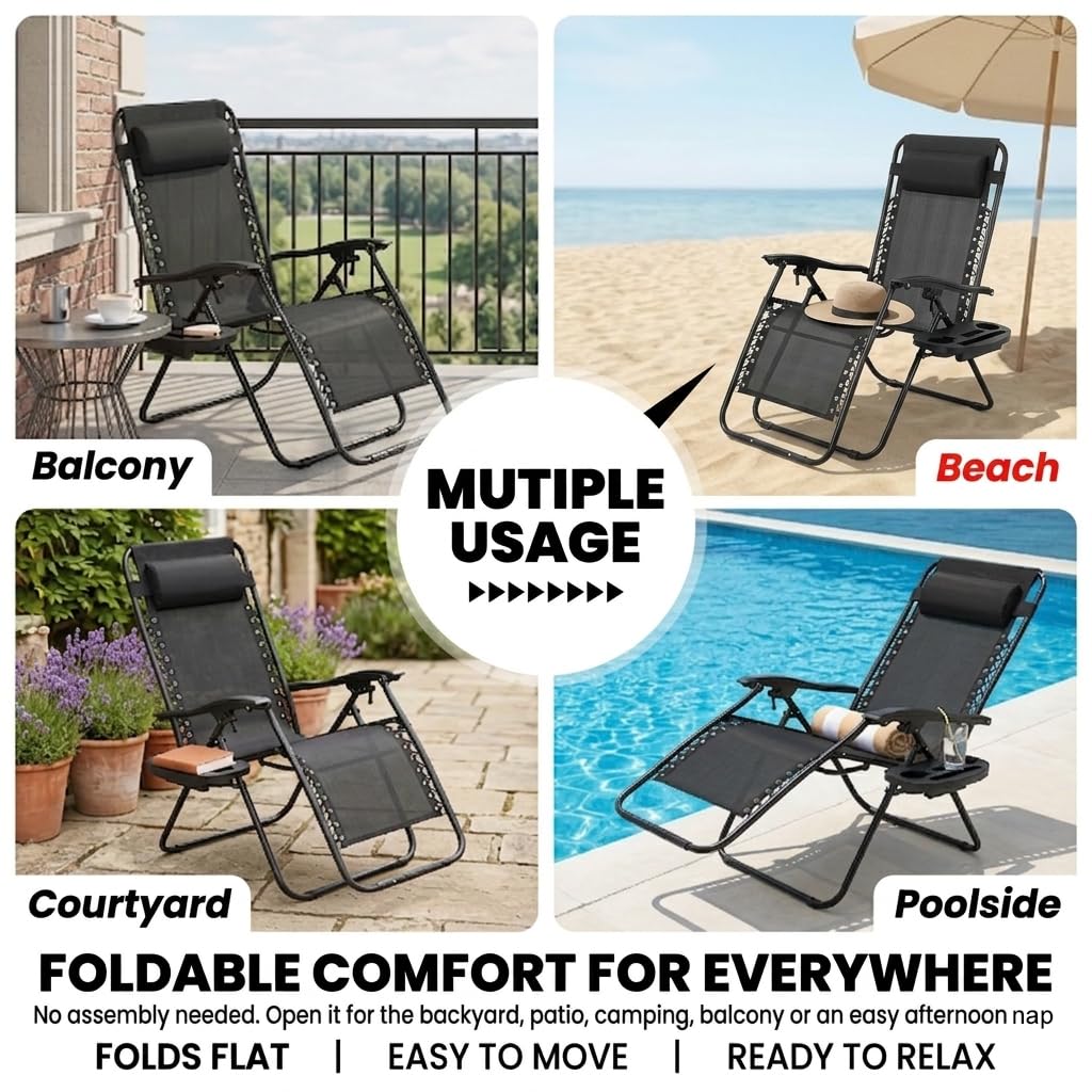 Black Zero Gravity Lounge Chair with Pillow & Cup Holder U65216