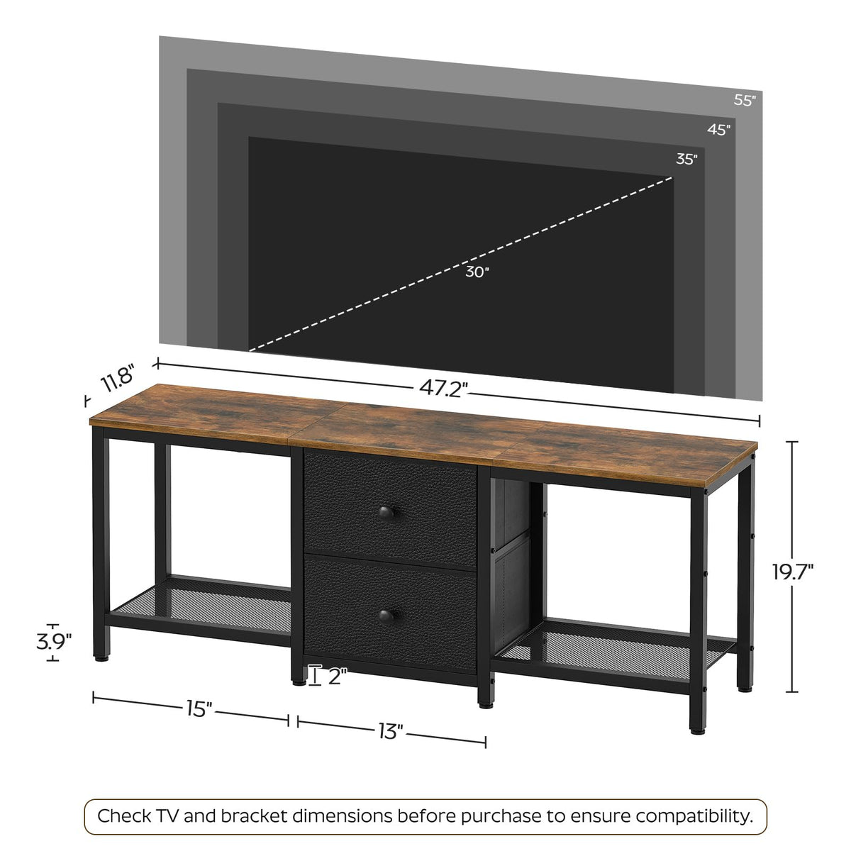 Rustic Brown and Black TV Stand with 2 Fabric Drawer K952068