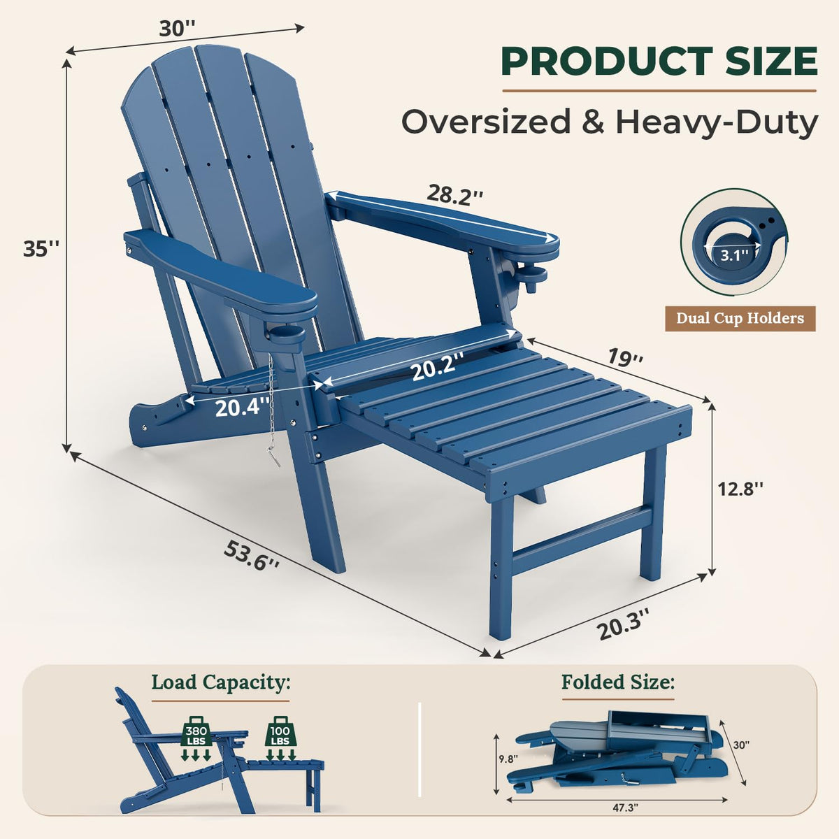 Set of 2 Blue Folding HDPE Plastic Adirondack Chairs with Pull-Out Footrest K8066