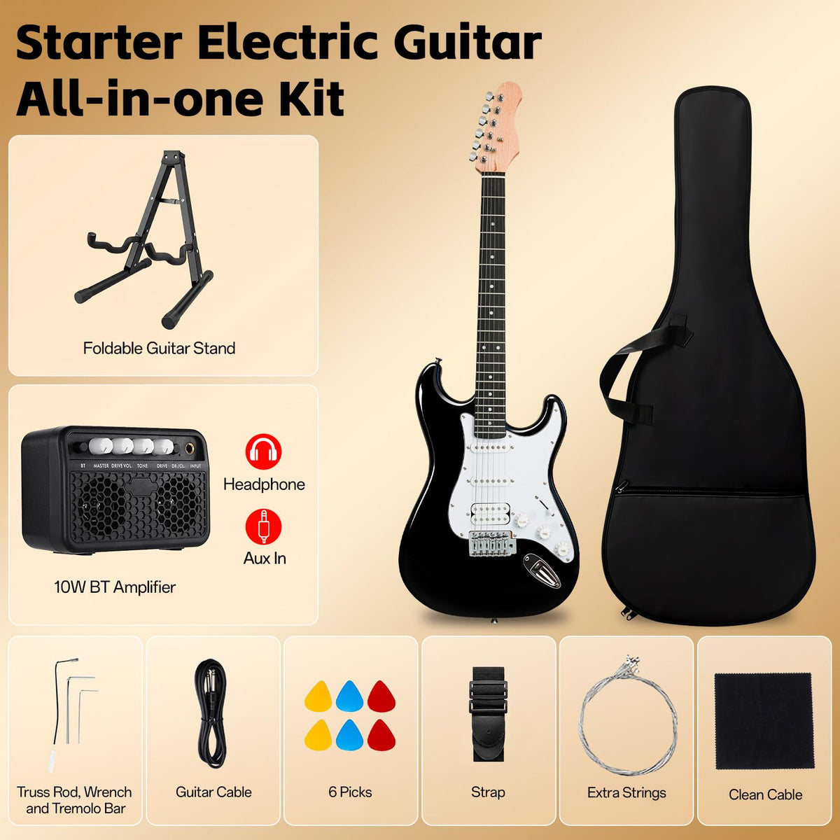Full Size Electric Guitar Starter Kit with 10W Amp and Gig Bag F6510