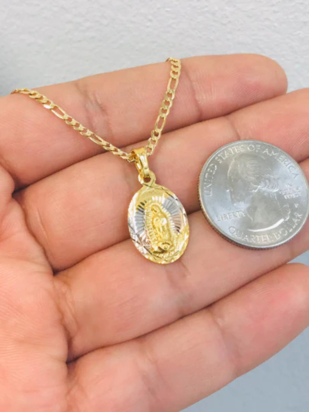 14K Gold Filled Virgen De Guadalupe Necklace Figaro Chain 20" E547