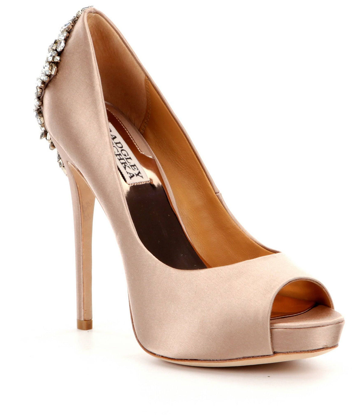 Latte Satin Embellished Peep-Toe Evening Pumps U8103