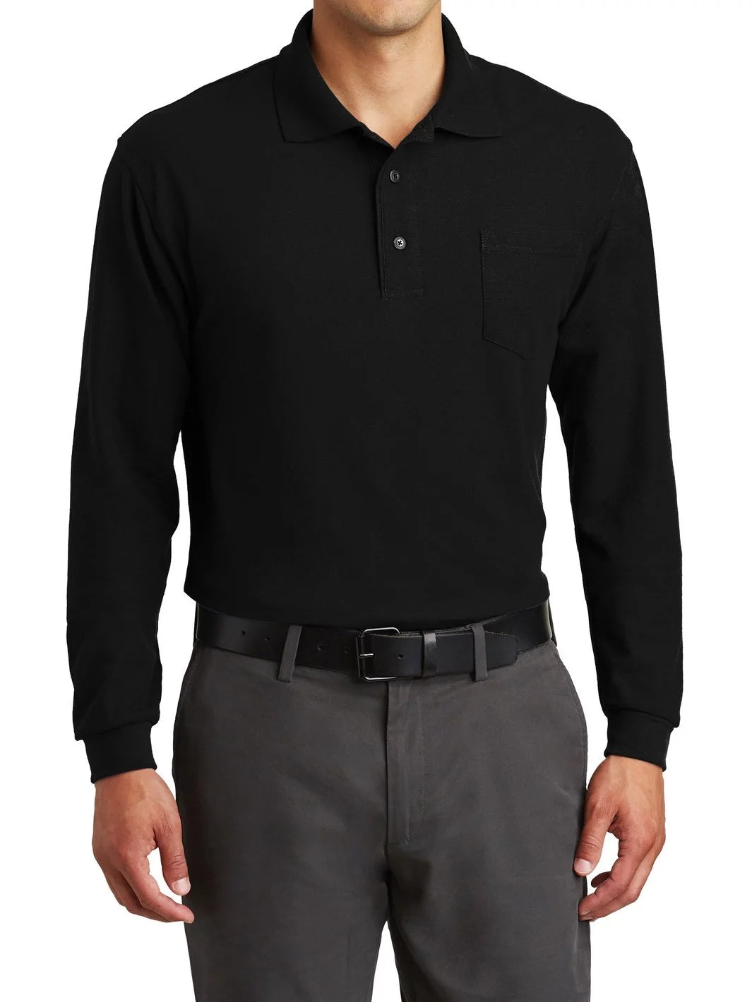 Long Sleeve Silk Touch Polo with Pocket Black Large A29384