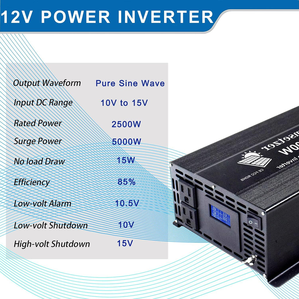 2500w 12v Pure Sine Wave Power Inverter DC to AC 110v 120v with Dual US Outlet, Hardwire Terminal, LCD Display C71544