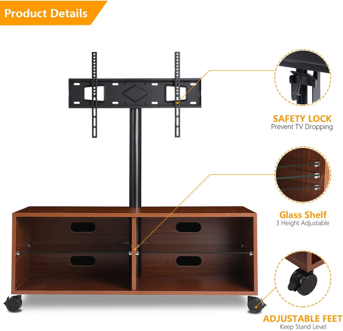 Rolling Wood TV Stand with Swivel Mount and Wheels T30864