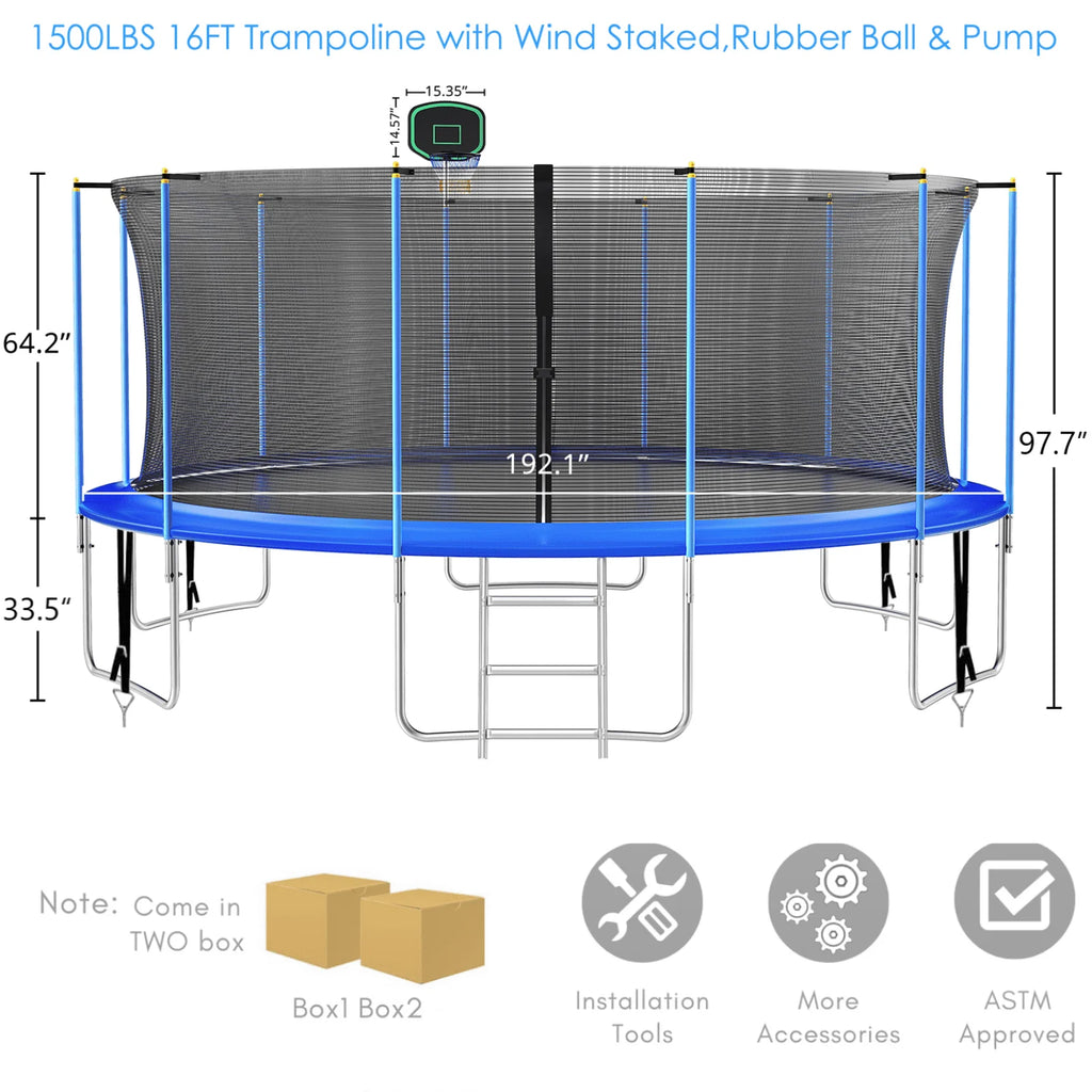 16FT Outdoor Trampoline with Basketball Hoop and Ladder D6319
