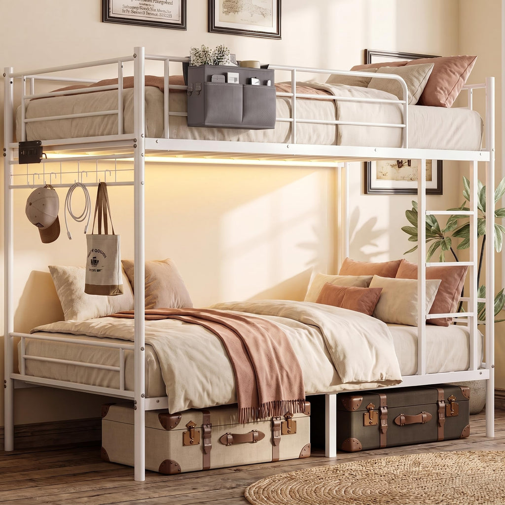 White Twin Over Twin Bunk Bed with LED Lights and Charging Station V7361