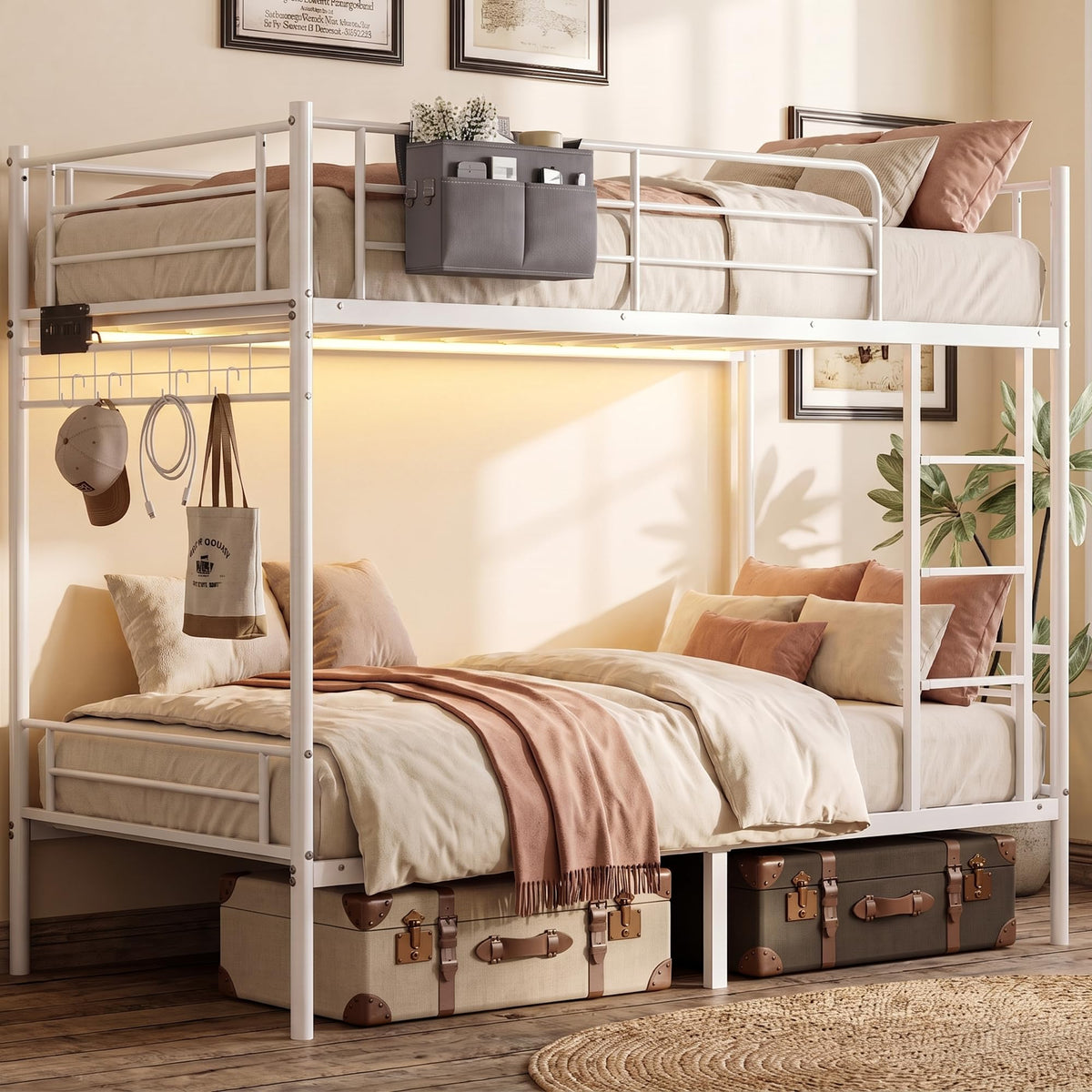 White Twin Over Twin Bunk Bed with LED Lights and Charging Station V7361