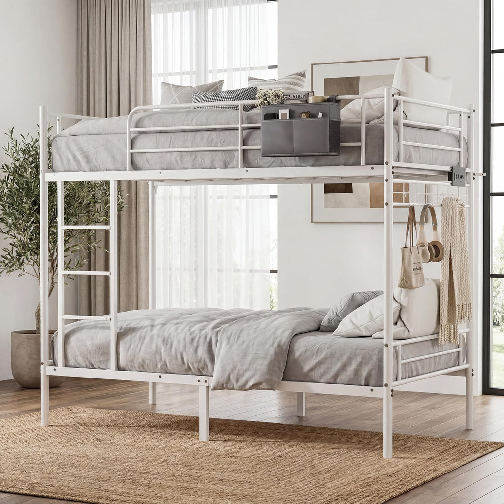 White Twin Over Twin Bunk Bed with LED Lights and Charging Station V7361