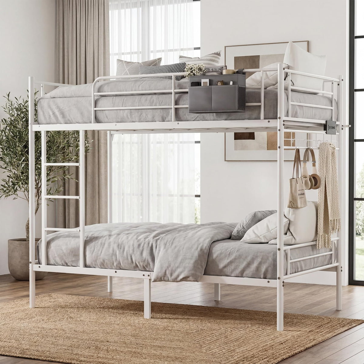White Twin Over Twin Bunk Bed with LED Lights and Charging Station V7361