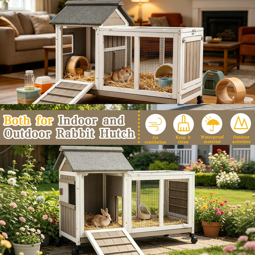 Outdoor Rabbit Hutch 2-Story Bunny Cage with Run B45660