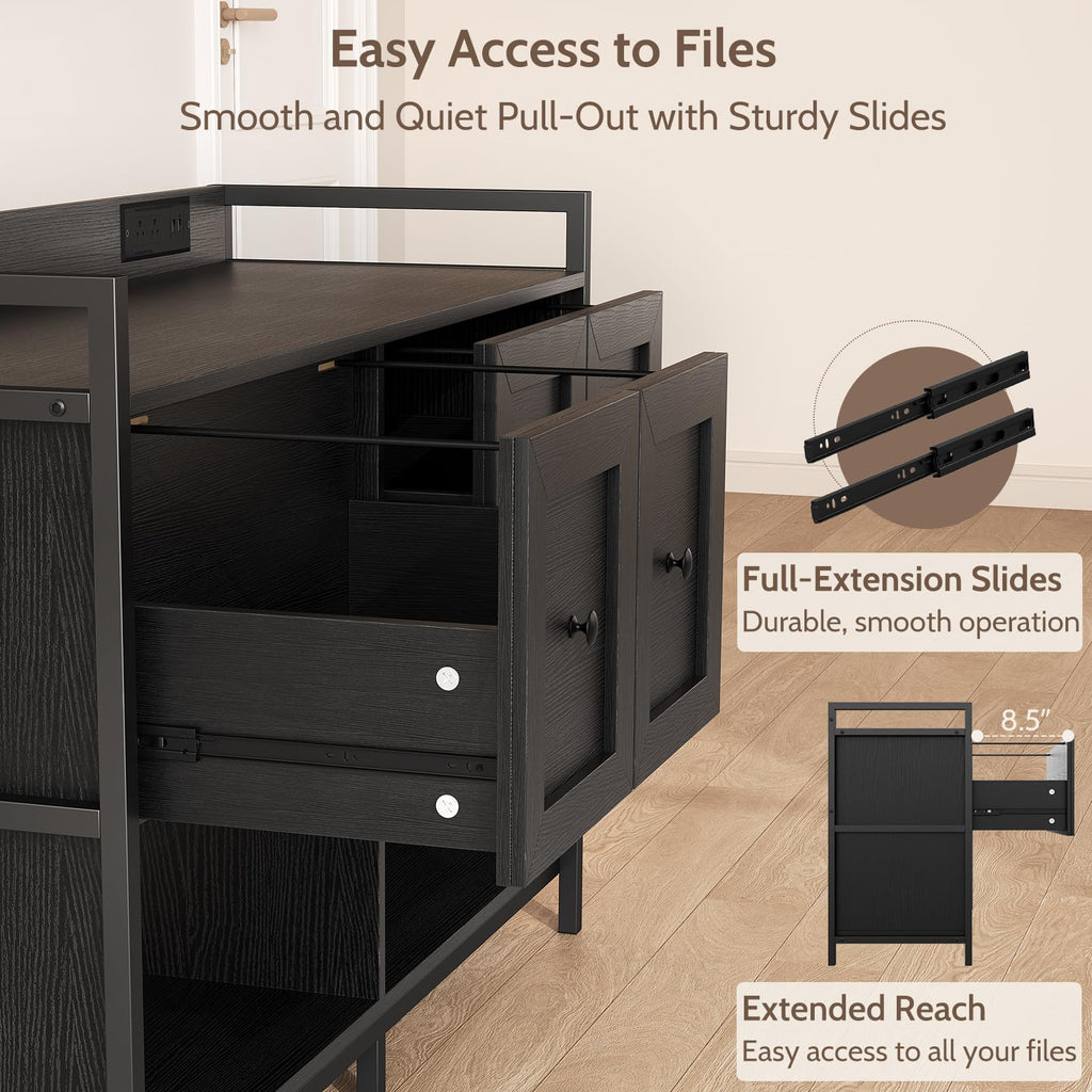 Black 2 Drawer Wood File Cabinet with Power Outlet J429346