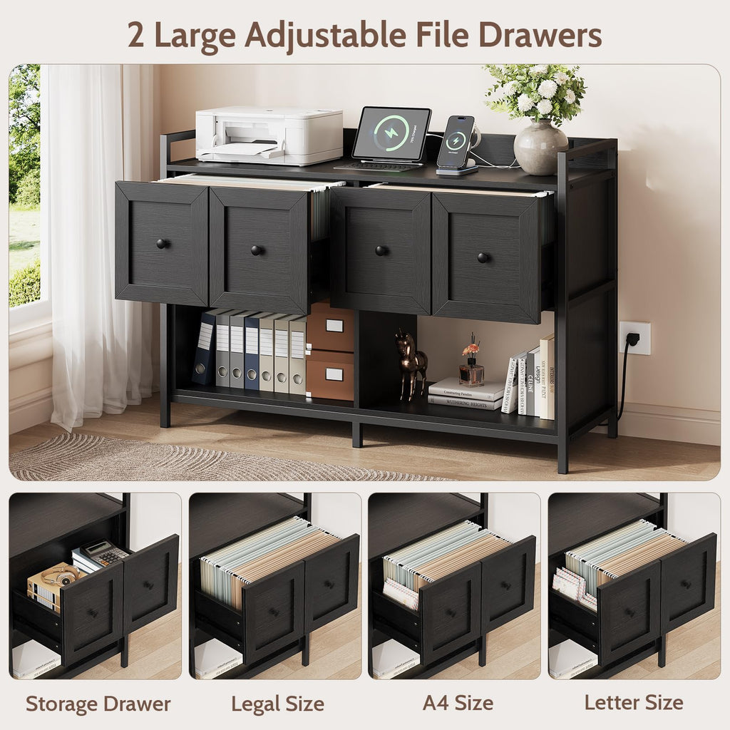 Black 2 Drawer Wood File Cabinet with Power Outlet J429346