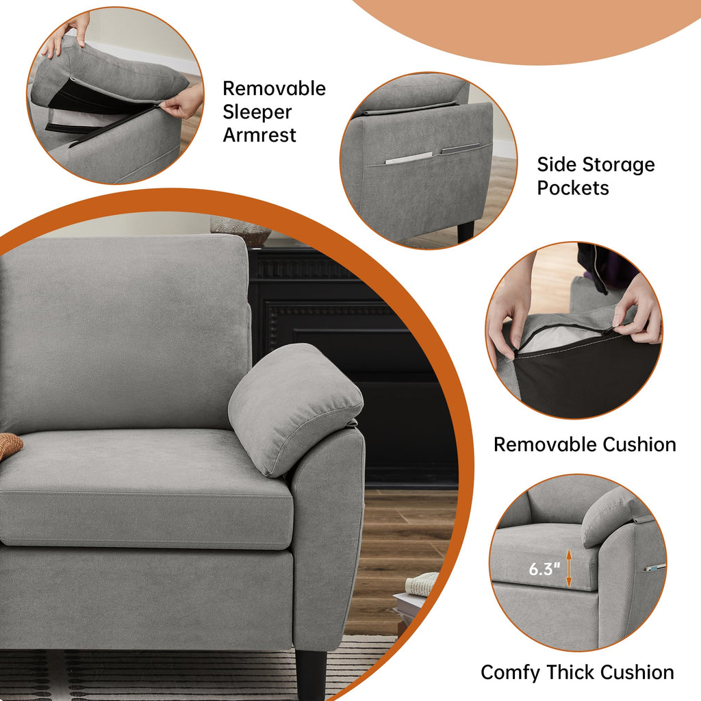 Light Grey Linen Loveseat Sofa with Side Pocket M2179