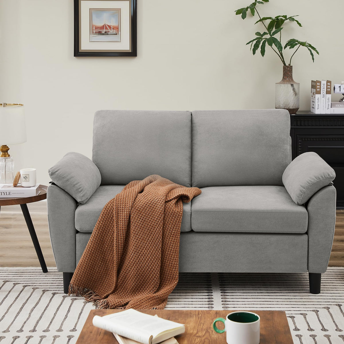 Light Grey Linen Loveseat Sofa with Side Pocket M2179