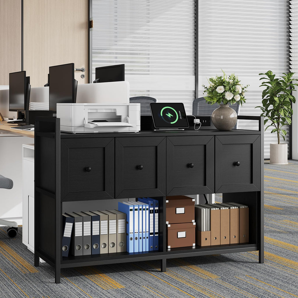 Black 2 Drawer Wood File Cabinet with Power Outlet J429346