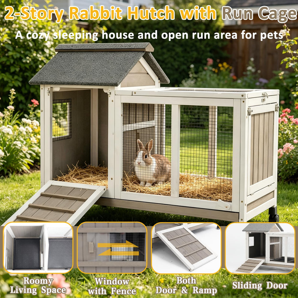 Outdoor Rabbit Hutch 2-Story Bunny Cage with Run B45660