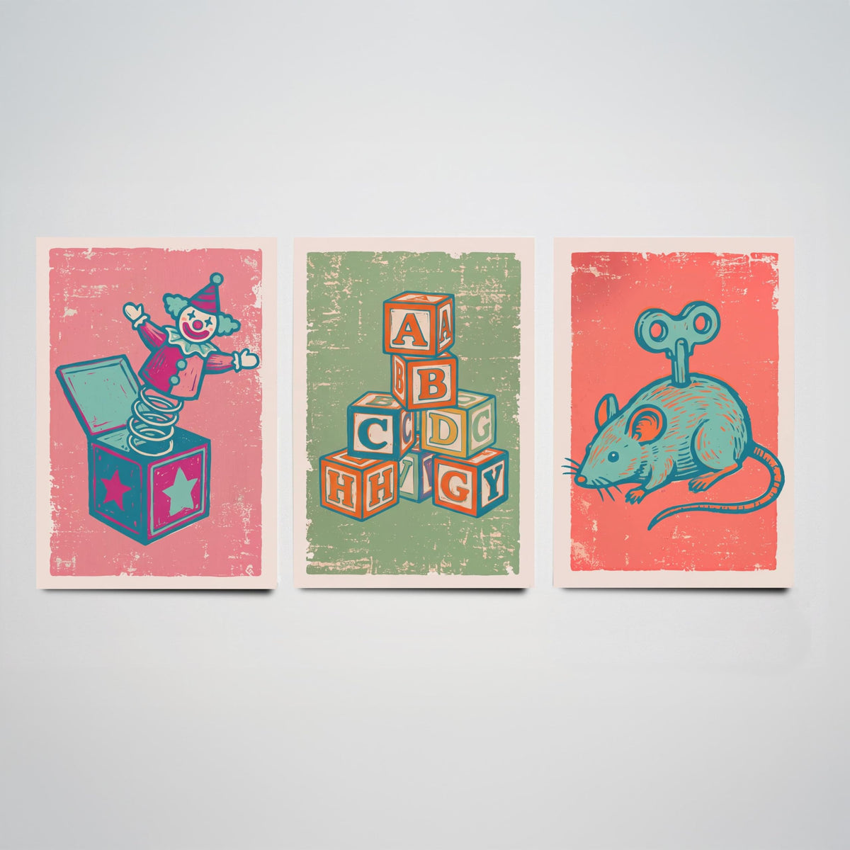 Art Prints Set of 3 Retro Linocut Style B11552