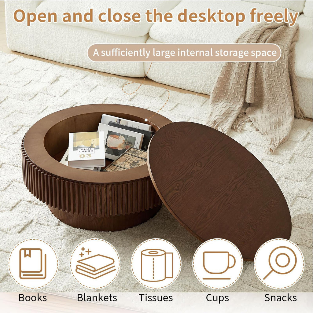 Walnut Round Fluted Coffee Table with Storage H96741