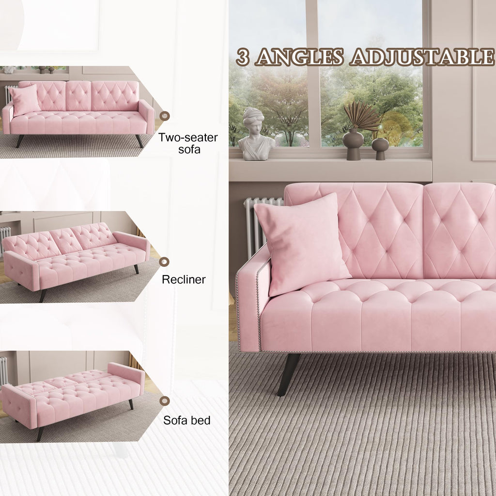 Pink Velvet Convertible Sofa Bed with Cup Holders S138875
