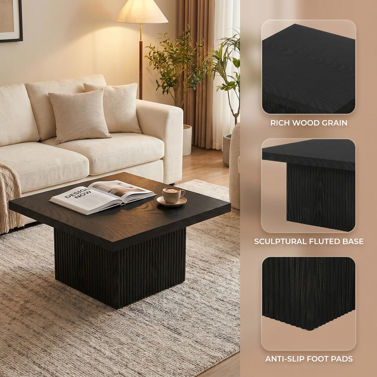 31.5" Square Fluted Wood Coffee Table F309307