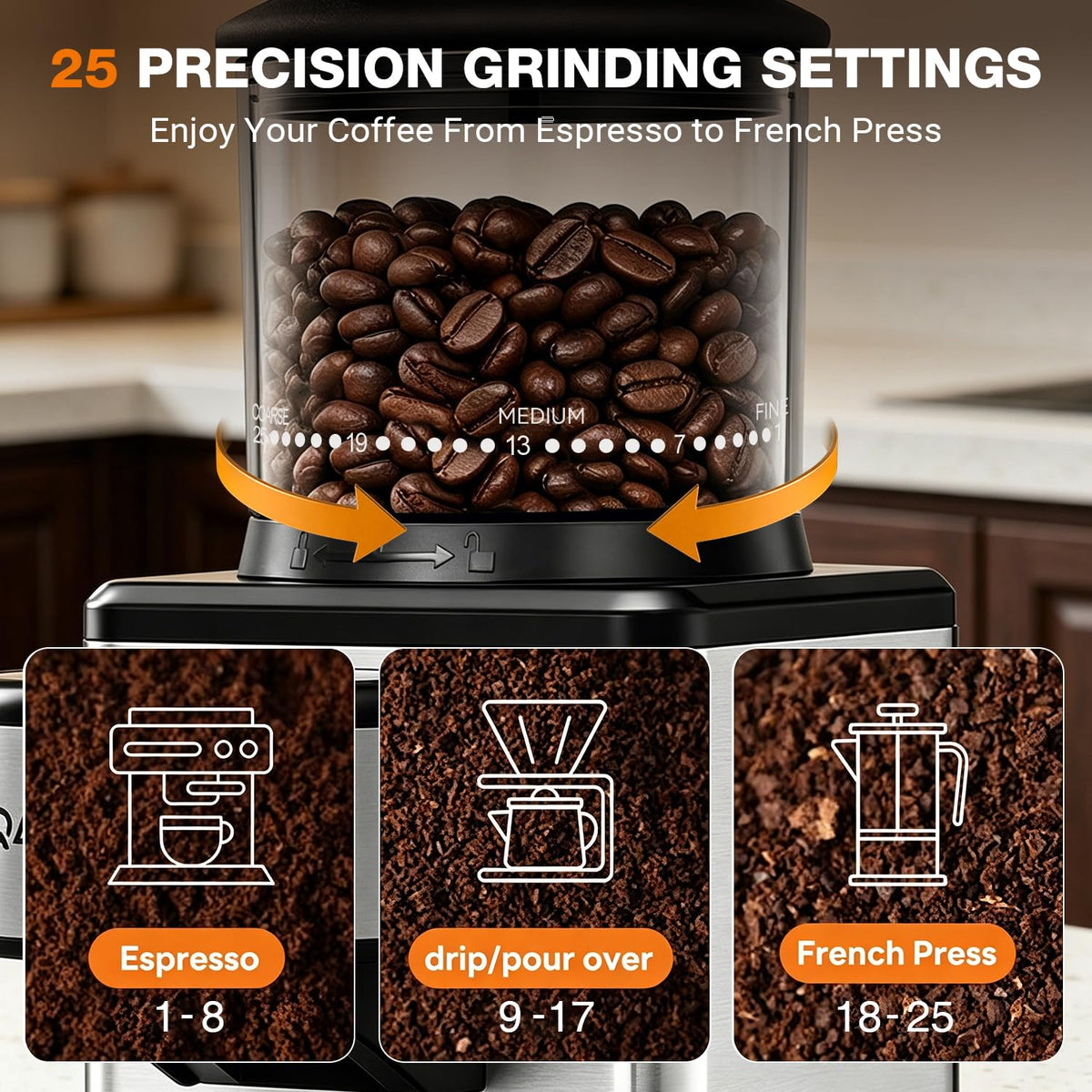 Conical Burr Coffee Bean Grinder, 25 Precise Settings, Anti-Static D8287