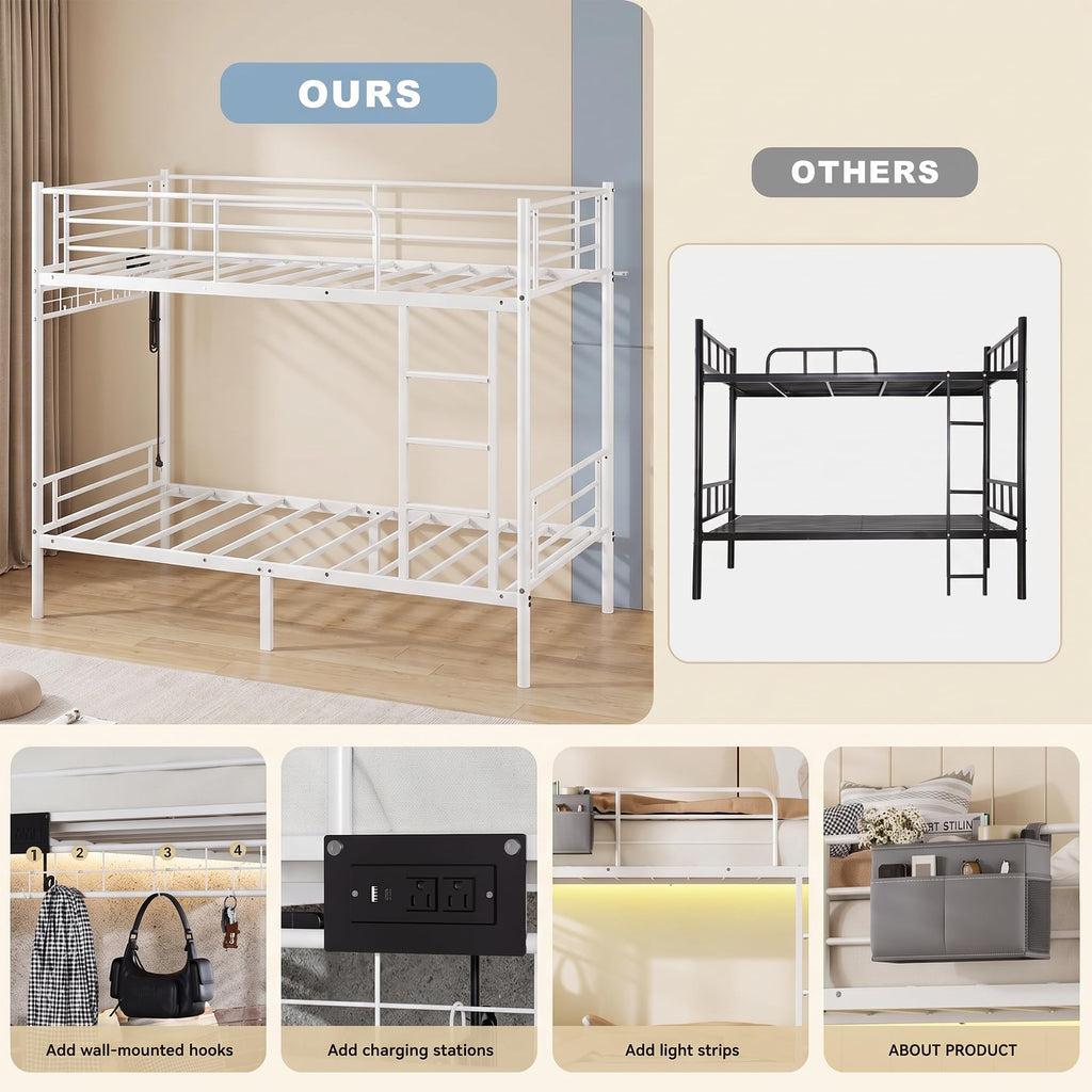 White Twin Over Twin Bunk Bed with LED Lights and Charging Station V7361