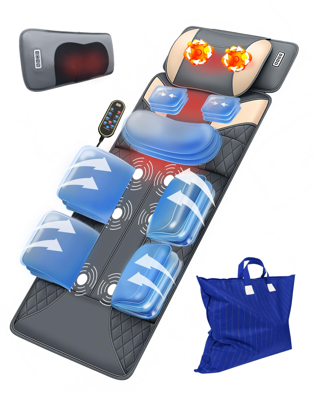 Full Body Massage Mat with Heat, Adjustable Lumbar Traction, Detachable Neck Shiatsu Roller, Airbag Compression, Vibration Massage Pad G2771