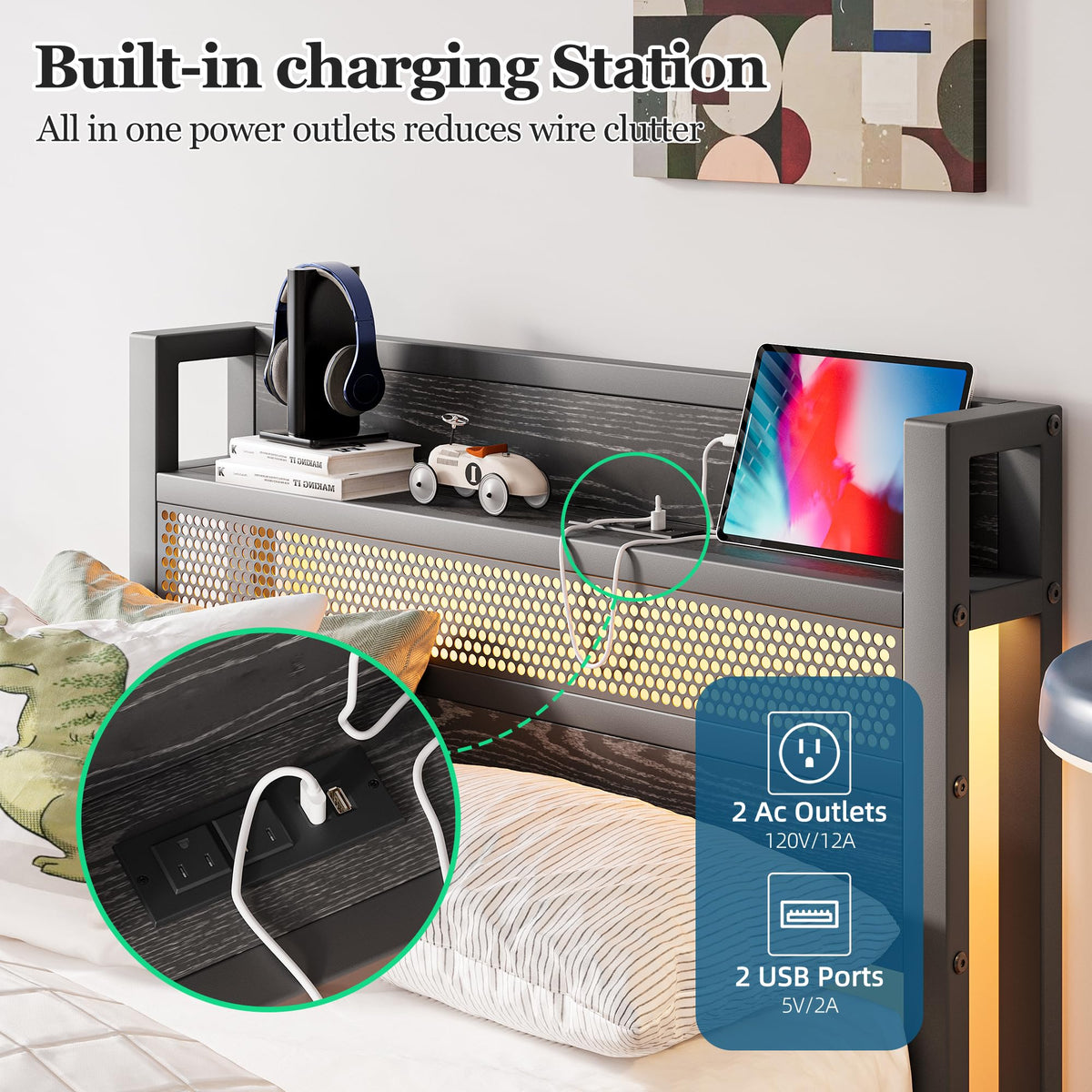 Black Metal Twin Size Bed Frame with Charging Station and LED Lights F79544