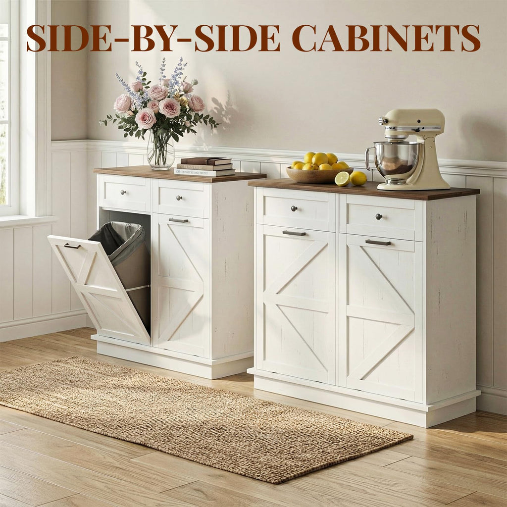 White 20 Gallon Tilt Out Trash Can Cabinet with Drawers P35804