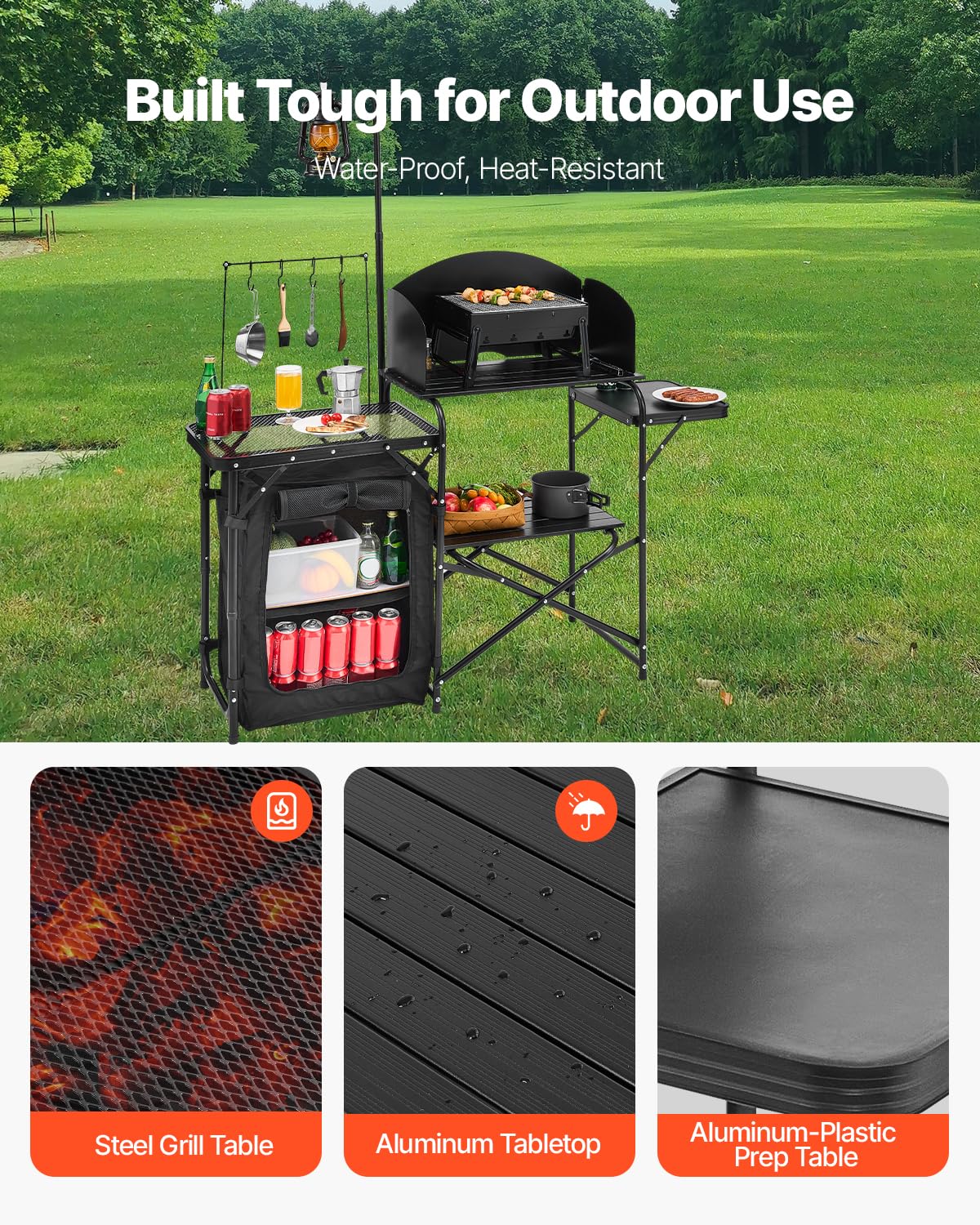 Black Aluminum Camping Kitchen Table with Storage Cupboard U8315