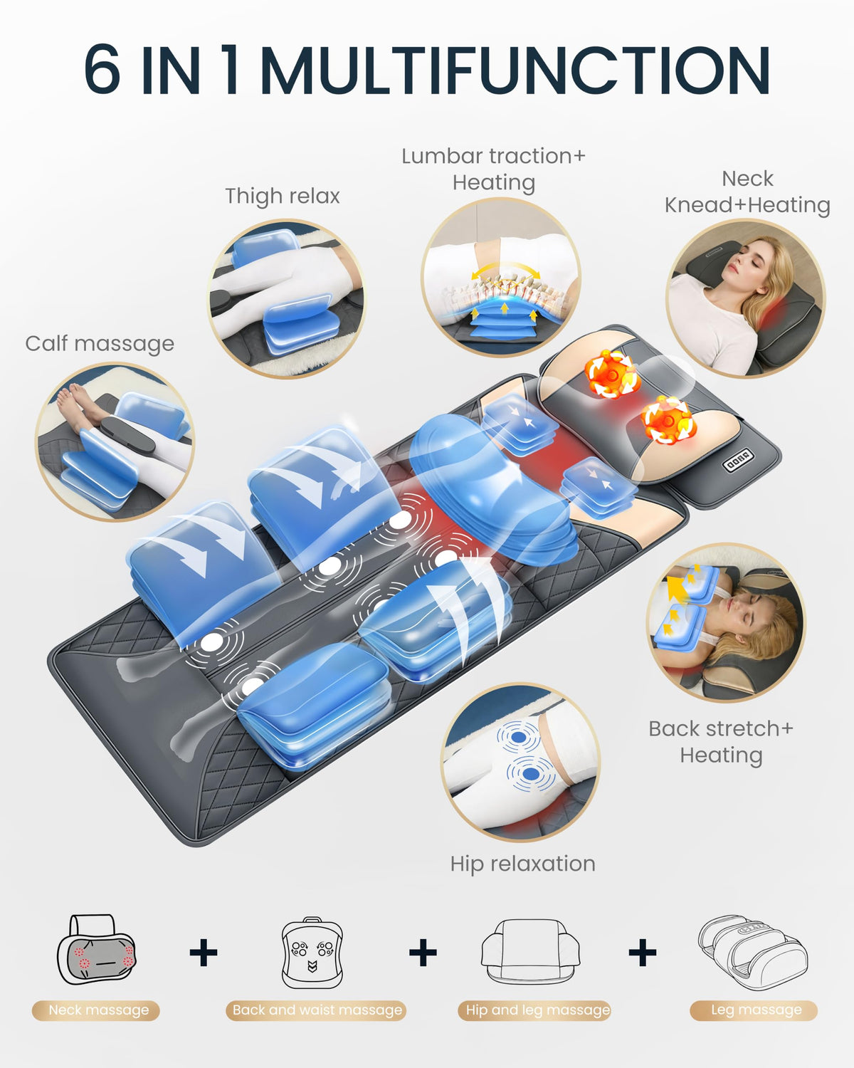 Full Body Massage Mat with Heat, Adjustable Lumbar Traction, Detachable Neck Shiatsu Roller, Airbag Compression, Vibration Massage Pad G2771