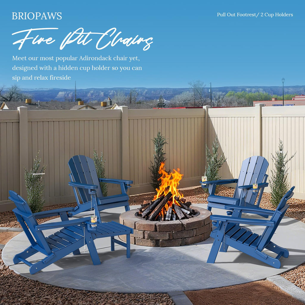 Set of 2 Blue Folding HDPE Plastic Adirondack Chairs with Pull-Out Footrest K8066