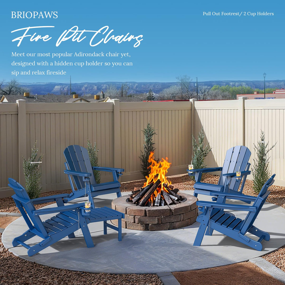 Set of 2 Blue Folding HDPE Plastic Adirondack Chairs with Pull-Out Footrest K8066