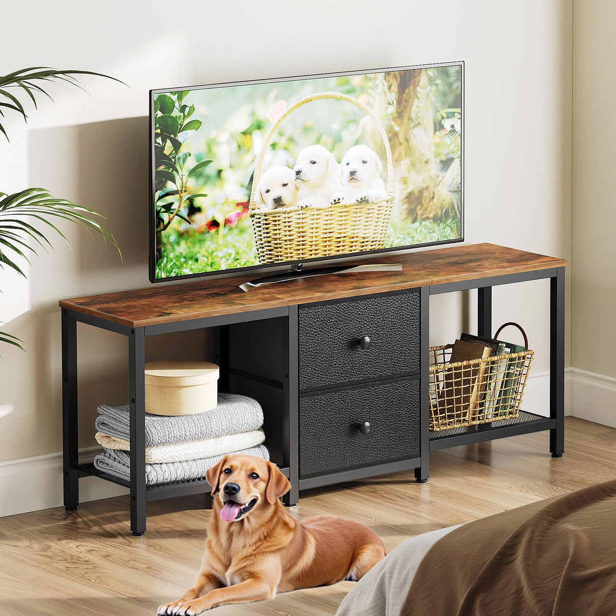 Rustic Brown and Black TV Stand with 2 Fabric Drawer K952068