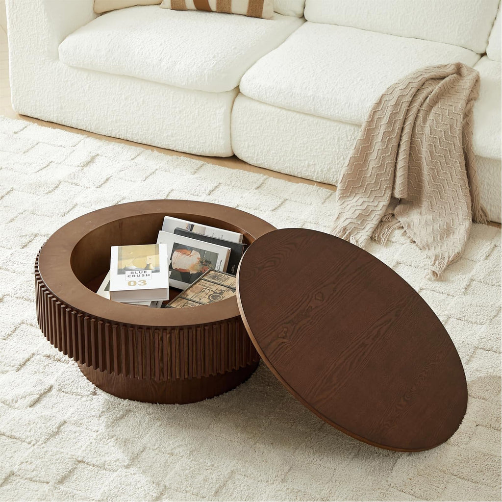 Walnut Round Fluted Coffee Table with Storage H96741
