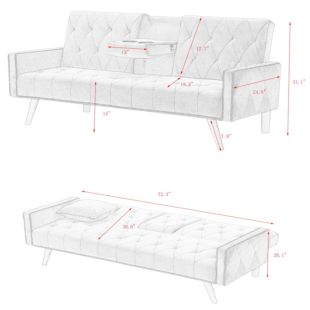 Pink Velvet Convertible Sofa Bed with Cup Holders S138875