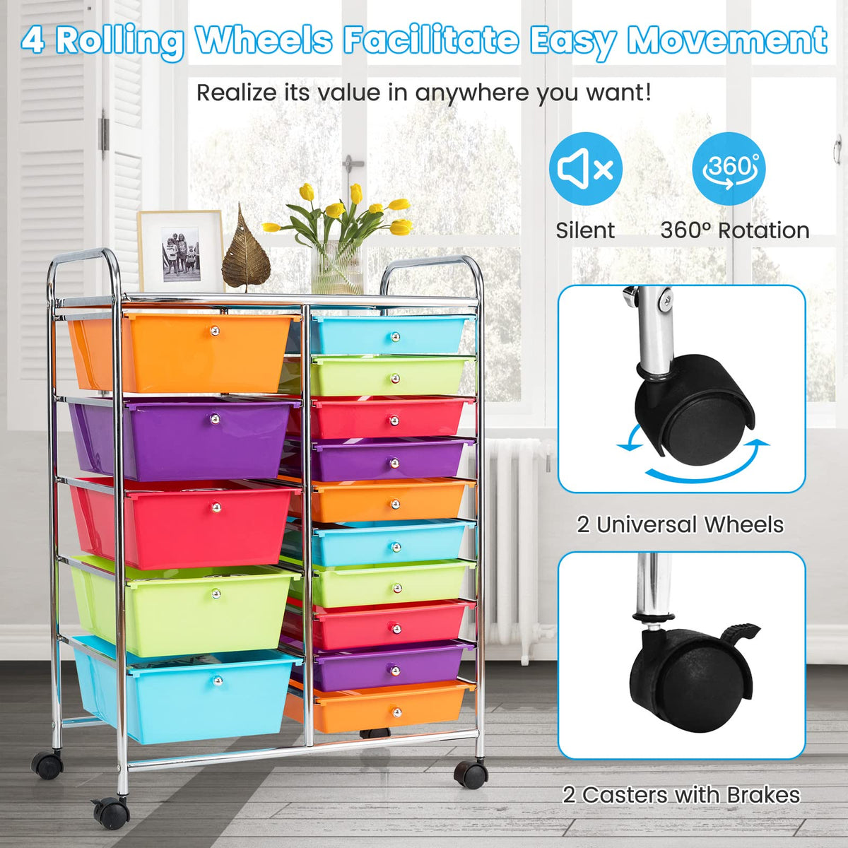 15 Drawer Rolling Cart with Lockable Wheels J668040