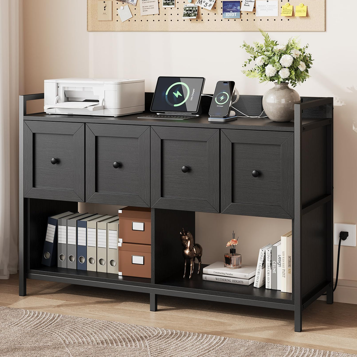 Black 2 Drawer Wood File Cabinet with Power Outlet J429346