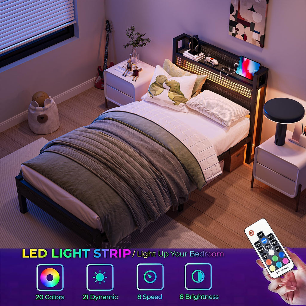 Black Metal Twin Size Bed Frame with Charging Station and LED Lights F79544
