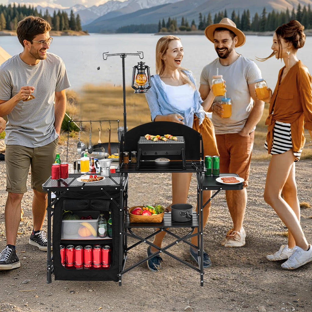 Black Aluminum Camping Kitchen Table with Storage Cupboard U8315