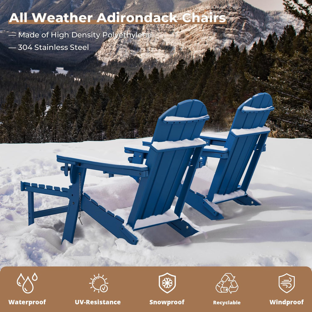 Set of 2 Blue Folding HDPE Plastic Adirondack Chairs with Pull-Out Footrest K8066