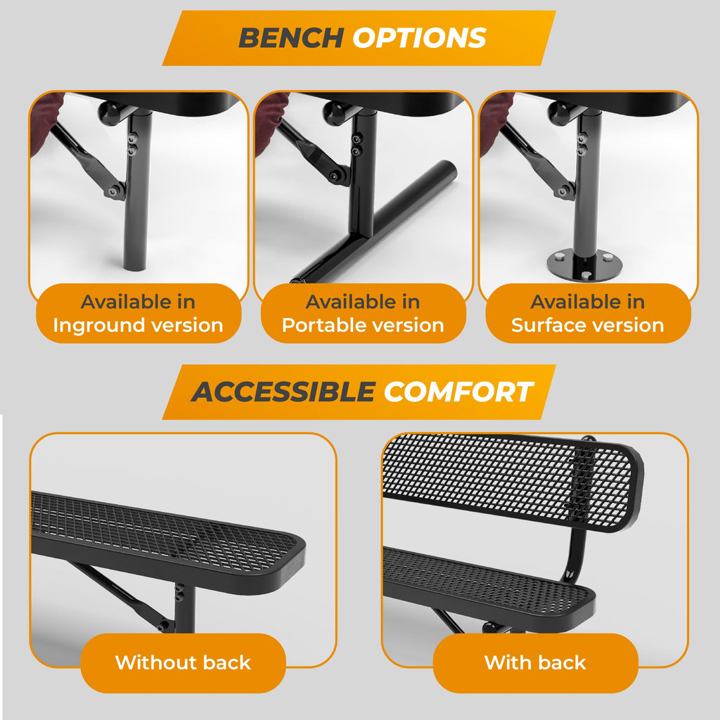 6 Ft Portable Metal Bench with Back A8722
