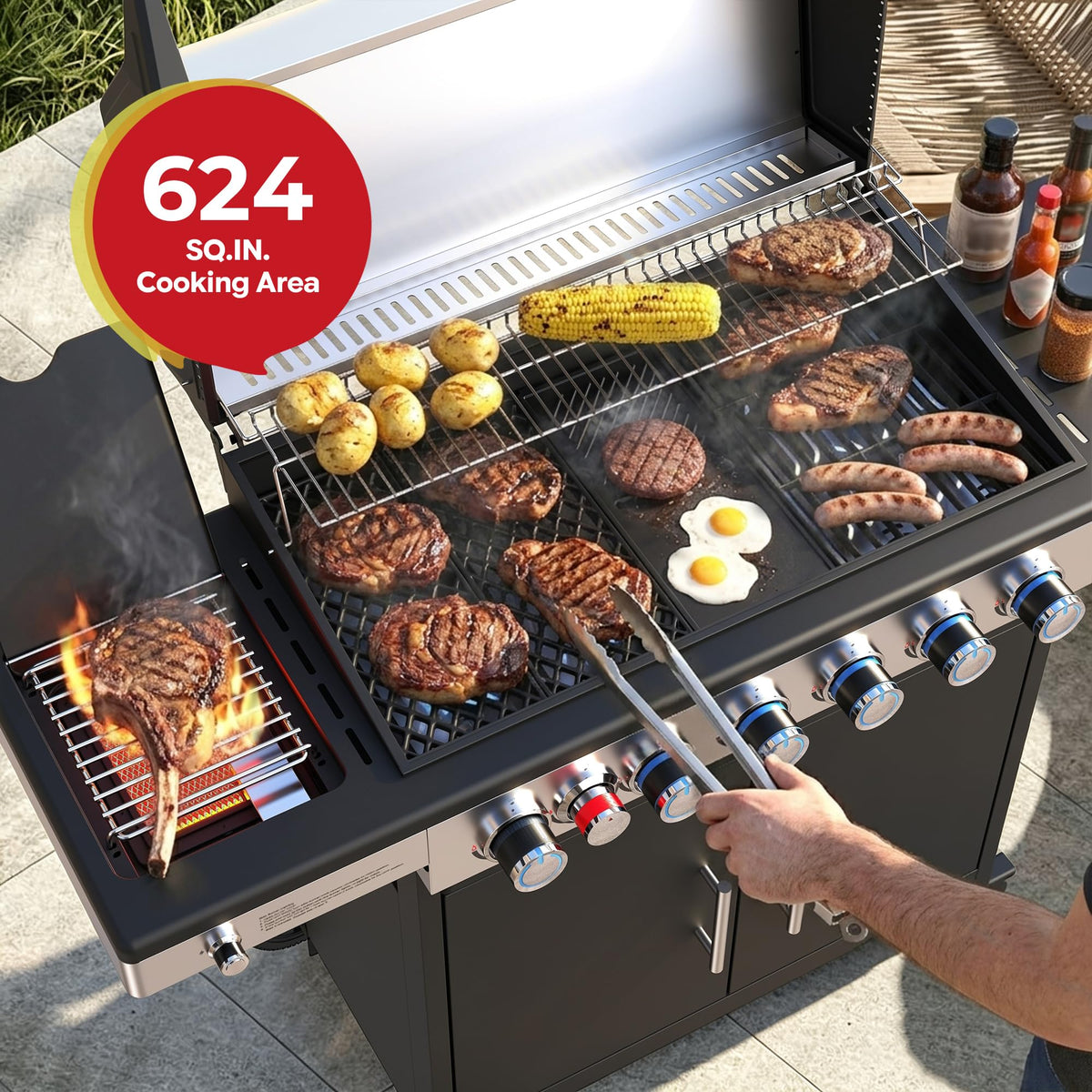 6-Burner Propane Gas Grill with Infrared Sear Side Burner E24976