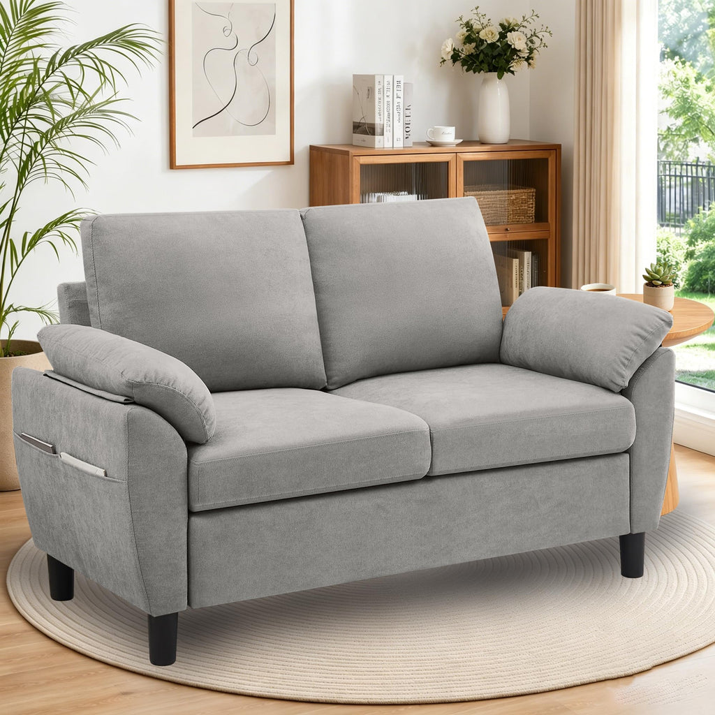 Light Grey Linen Loveseat Sofa with Side Pocket M2179
